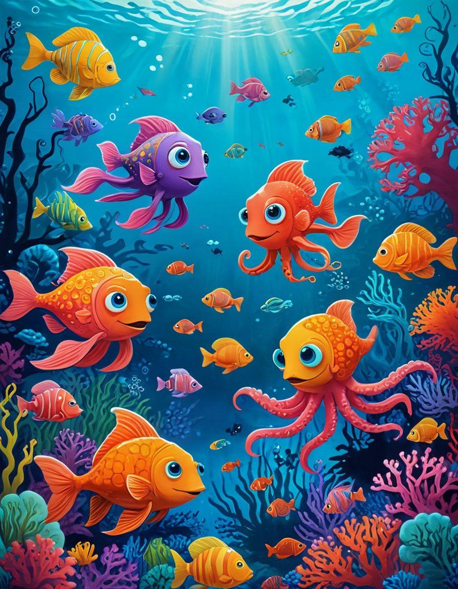 A whimsical underwater scene featuring vibrant, colorful adult cartoon characters exploring various themes of sexuality and kinks, surrounded by bold, playful sea creatures and coral. Emphasize humor and curiosity to reflect the trends in adult cartoons. Use a light-hearted and artistic style to convey a sense of exploration and fun. colorful illustration. playful style. vibrant colors.